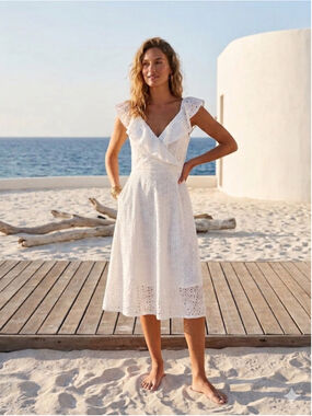 SHEIN White Eyelet Lace Ruffle Wrap Mini Dress Size M Minimalist Coastal Resort